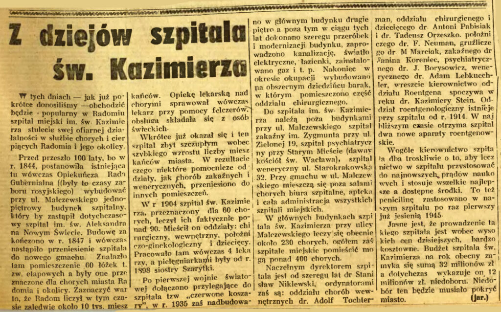 Z dziejów szpitala Św. Kazimierza