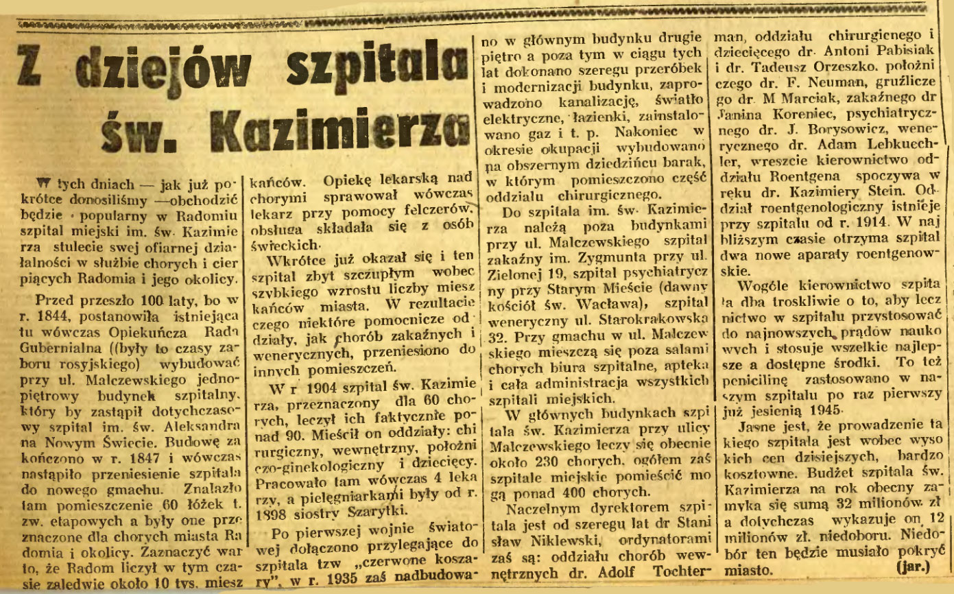 Z dziejów szpitala Św. Kazimierza