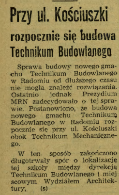 Przy ul. Kościuszki rozpocznie się budowa Technikum Budowlanego