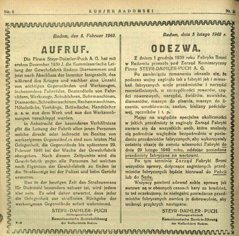 Odezwa dot. Fabryki Broni