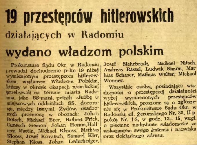 19 przestępców hitlerowskich działających w Radomiu wydano władzom polskim