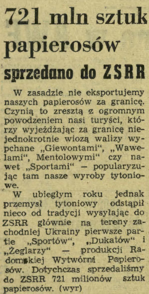 721 mln sztuk papierosów sprzedano do ZSRR