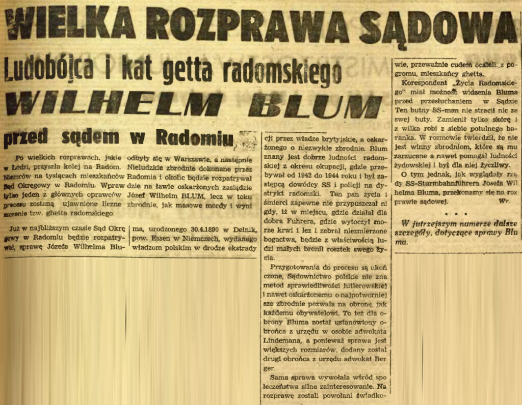 Ludobójca i kat getta radomskiego Wilhelm Blum przed sądem w Radomiu
