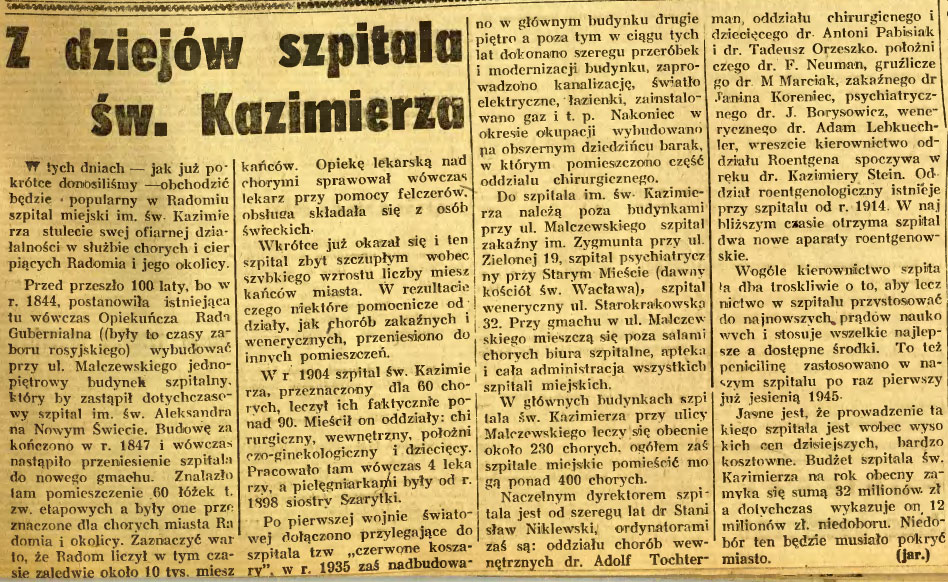 Z dziejów szpitala św. Kazimierza