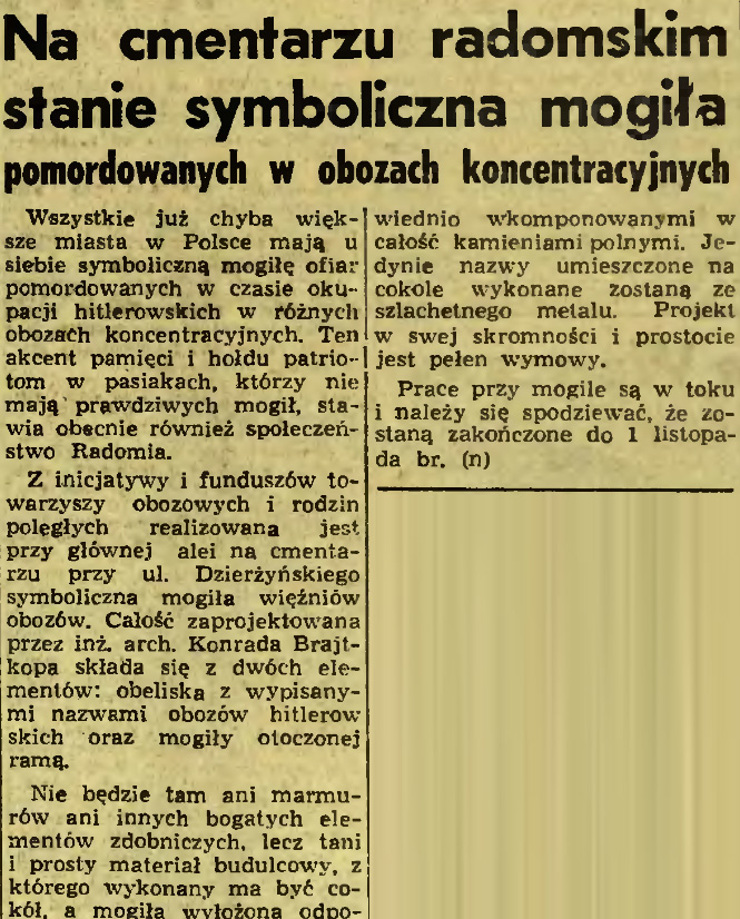 Na cmentarzu radomskim stanie symboliczna mogiła pomordowanych w obozach koncentracyjnych