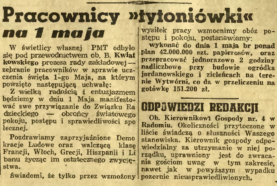 Pracownicy tytoniówki na 1 maja